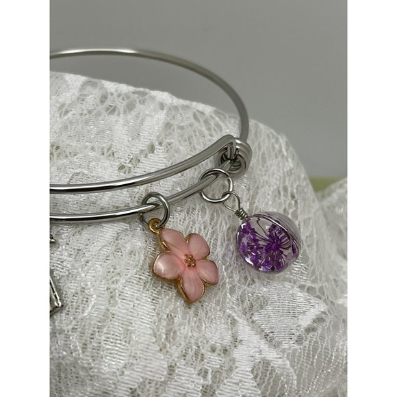 5-Charm Silver Tone Spring Bracelet - Charms: Flowers, Senorita, Fashion Dress, - Picture 2 of 8